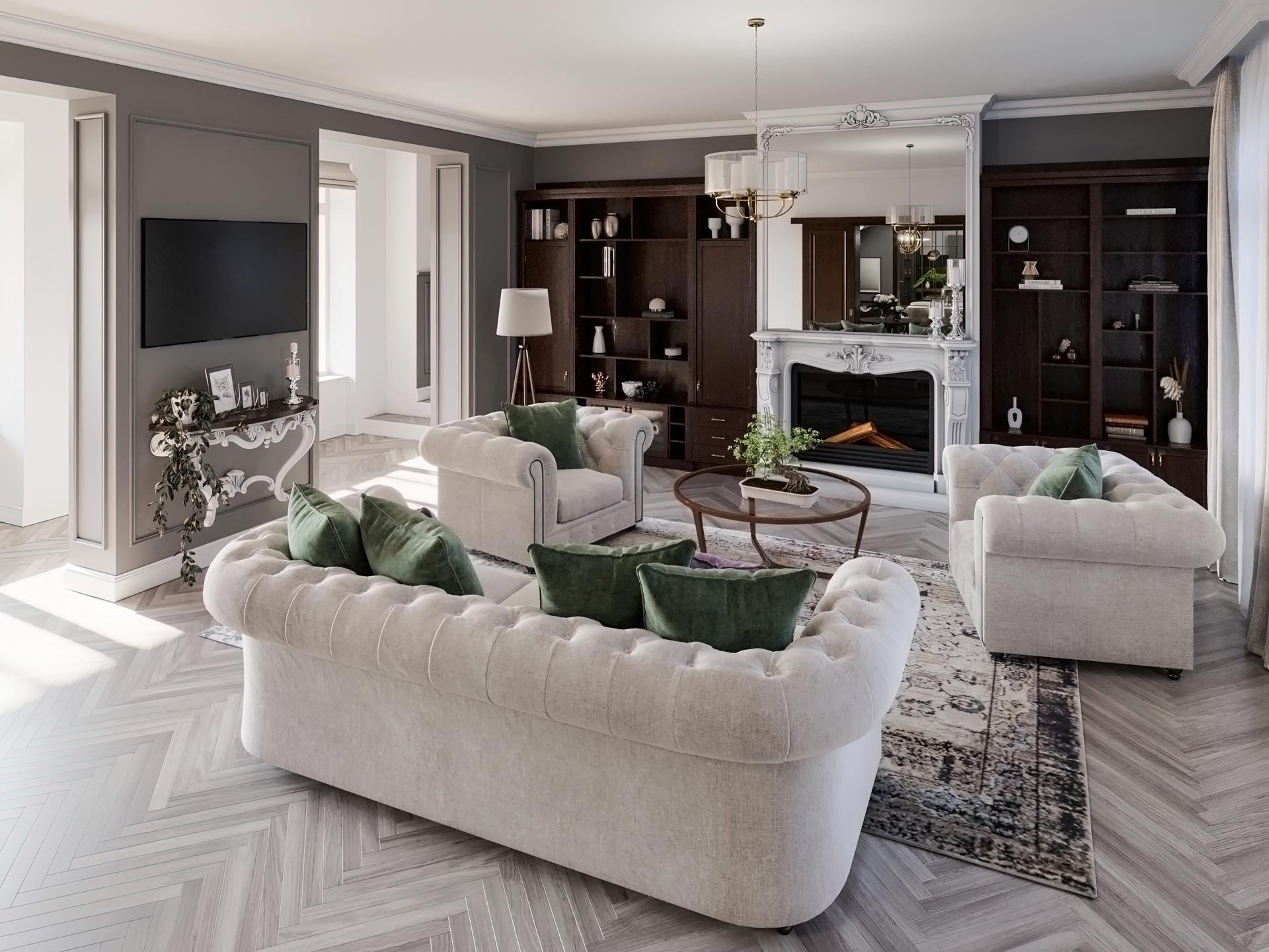 Luxus ingatlan - Klasszikus nappali 3D látványterv - 3DRendeer - Interior design Luxus ingatlan - Klasszikus nappali 3D látványterv - 3DRendeer - Interior design